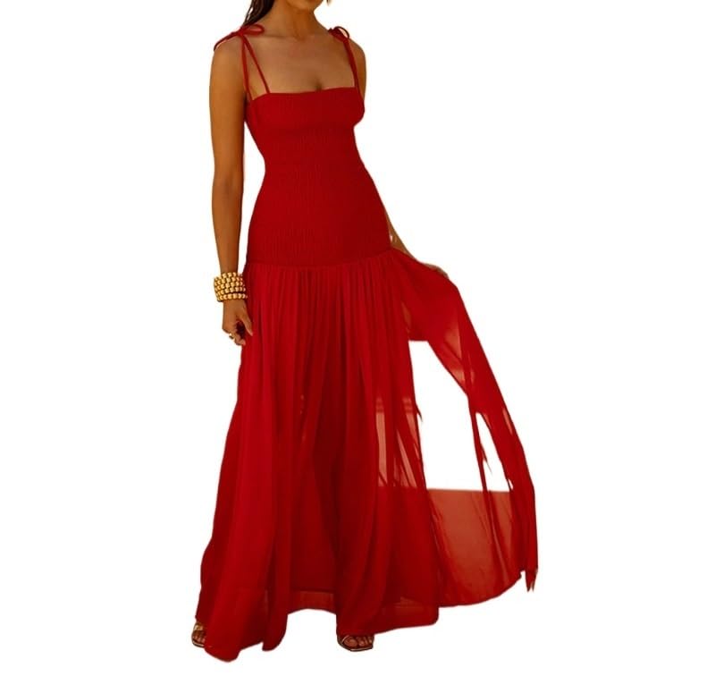 HENGEN Womens 2026 Spring New Solid Color Sleeveless Strap Fold Slimming Yarn Skirt Long Dress