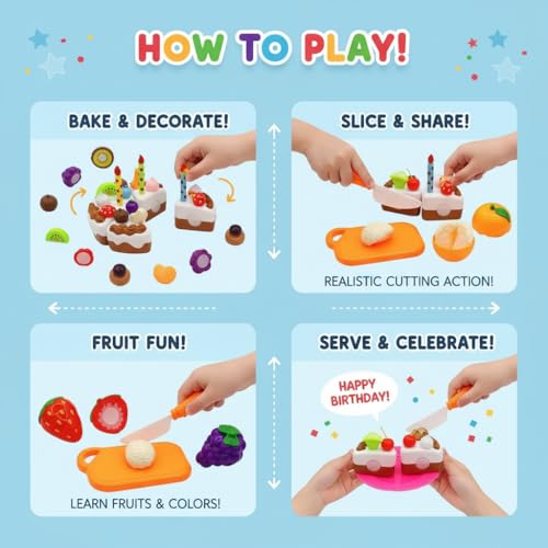 Image of PLUSPOINT DIY Chocolate Birthday Cake Cutting Toy Set for Kids, Pretend Play Kitchen Food Set with Sliceable Brown Cake & Fruit, Role Play Cooking Toys, Birthday Party Cake Model Gift for Toddler