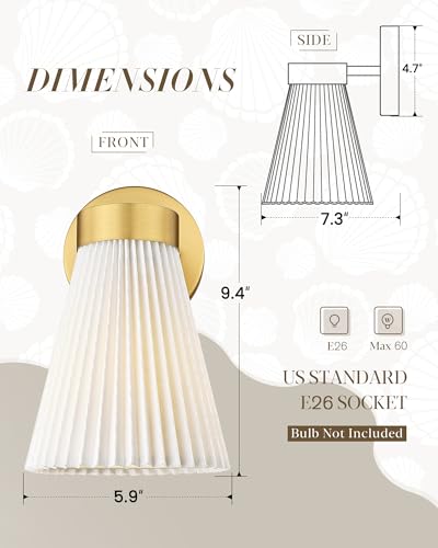 Image of Set of 2 Wall Sconces, HWH Gold Bathroom Light Fixtures with Milk White Striped Fabric Shade, Up and Down Vanity Lights Fixture, Brushed Gold Finish, 5HZG97B-2PK BG-FB