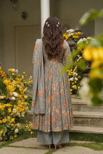 Image of ANNI Designer Kurta Set for Women Viscose Blend Printed | Kurti Set for Woman | Umbrella Kurta Palazzo Dupatta 3 Piece Outfit | Square Neck 3 /4 Sleeve Regular Fit Ethnic Dress Stylish Clothing