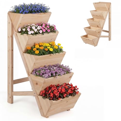 HOMASIS 5/8 stufiges Hochbeet Holz Gartenbeet Vertikalbeet mit V-Pflanzkästen & stabilen dreieckigen Stützen Pflanztreppe Blumentreppe Kräuterbeet für Terrasse Balkon & Garten (5 Ebenne Natur)