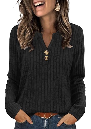 Aokosor Ladies V Neck Jumpers UK- Long Sleeve Tops for Women Ladies Button Lightweight Tunic Black Size 22-24