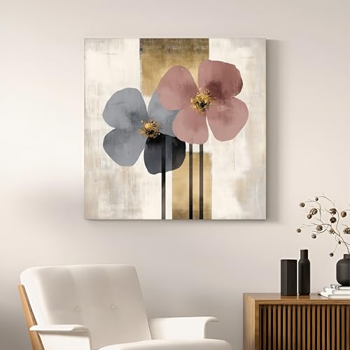 Image of PAINTINGMANTRA Modern Floral Abstract Stretched Canvas Painting for Living Room | Minimal Botanical Bloom Wall Decor Art For Livingroom, Bedroom, Office, Hallways - 22x22 Inch