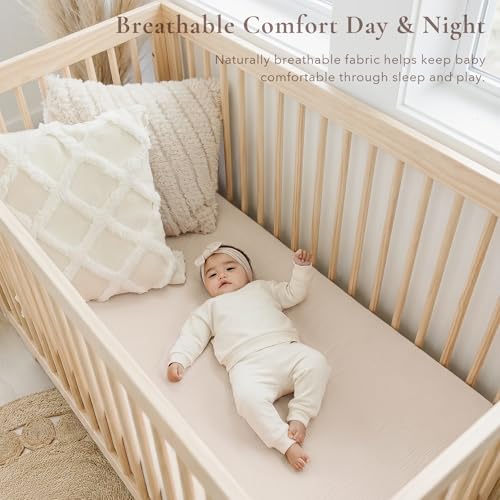 Image of Konssy Muslin Crib Sheets for Girl Boy, 2 PCS Soft and Breathable Cotton Baby Sheets for Standard Crib Mattress, 52 inchx 28 inch (Blossom, Cream)