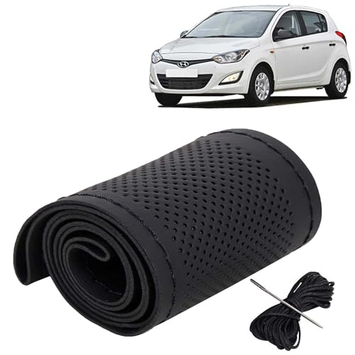 Image of KINGSWAY PU Leatherite Car Steering Cover Sewable Compatible with Hyundai I20 (Year 2011-2014), Black Color with Black Thread, Pack of 1 with Sewing Needle and Thread