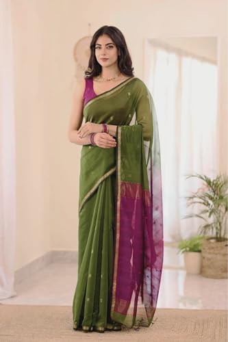 Image of Women's Cotton Woven Soft Sarees With Attach Blouse Piece.