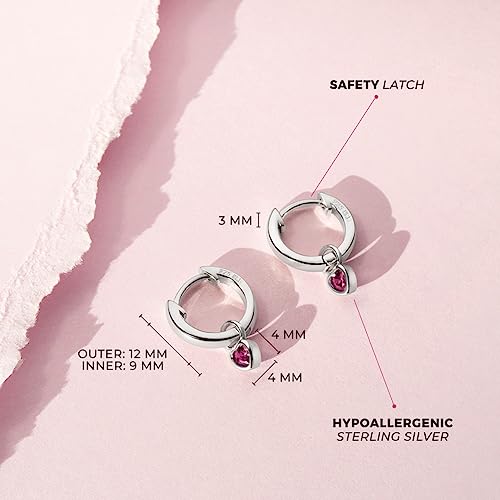 Image of In Season Jewelry Simulated Birthstone Heart Charm Girls Hoop Earrings for Kids - 925 Sterling Silver Little Girl Hoop Earrings - Hypoallergenic & Comfortable with Secure Latch Closure