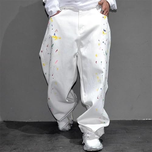 Men’S Trendy Hip Hop Splash-Ink Painted Baggy Straight Skateboard Denim Pants Button Fly Midweight Full Length Jeans2