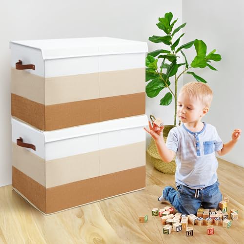 Image of Mayniu Large Toy Box Chest with Divider, Sturdy Toy Storage Bin Organizer Baskets with Lid for Kids, Boys, Girls, Nursery, Living Room, Bedroom, Playroom, Closet, 25 inchx13 inch x16 inch(Gradient Brown)