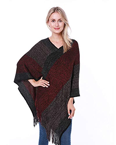 Image of Women's Elegant Knitted Shawl Poncho with Fringed V-Neck Striped Sweater Pullover Cape Gifts for Women Mom