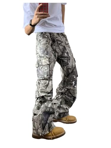 Verdusa Men's Camo Baggy Cargo Pants Straight Leg Drawstring Trousers with Flap Pocket