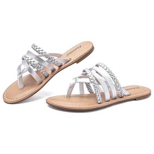 Image of Ataiwee Women's Flat Slide Sandals - Comfortable Open Toe Design,Casual Slip-On with Ankle Strap,Hook-and-Loop Closure Summer Sandals.