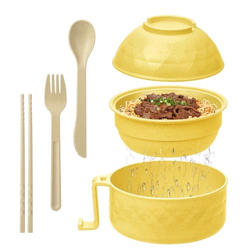 MUUBOOX Ramen Cooker,32oz Ramen Bowl Set,Microwave Ramen Bowl, Microwave Bowl with Lid, Portable Noodle Bowls,for Home Office Dorm Room College gift (Yellow)