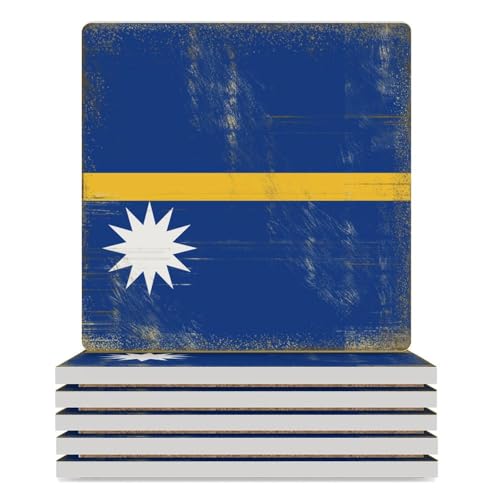 Lot de 6 sous-verres carrés absorbants vintage avec motif drapeau national de Nauru, sets de table avec base pour la maison, dessous de verre pour boissons, bar, décoration de cuisine
