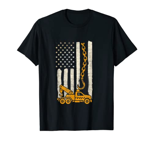 Hombre Cadena de gancho amarillo Bandera Americana USA Tow Truck Operator Camiseta