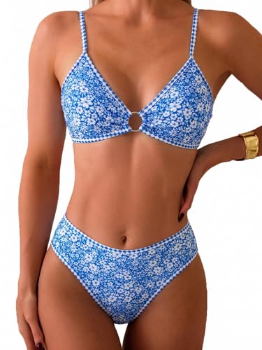 Image of Fanuerg Women's Triangle Bikini Sets O Ring Linked Two Piece Swimsuits Floral Printed Cheeky Bathing Suit