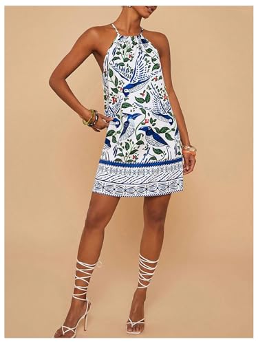 Image of SweatyRocks Women's Tropical Print Halter Dresses Sleeveless Holiday Summer Mini Dress