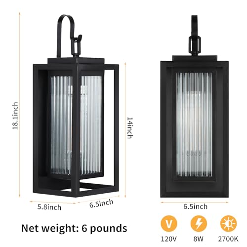 Image of 2 Pack Outdoor Wall Lights for House Exterior, 18 Inch Large Black Modern Lantern with Dual Metal Frame & Textured Glass, IP65 Waterproof (Bulbs Included)
