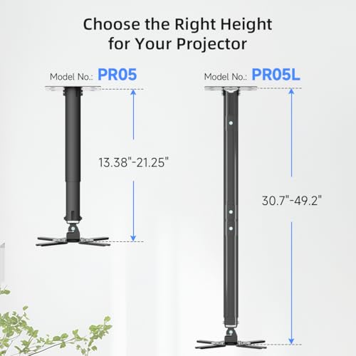 suptek Black Projector Ceiling Mount Bracket Fits Flat or Sloped Ceiling Height Adjustable with Extendable Length for LCD/DLP Projector Mount (PR05B)