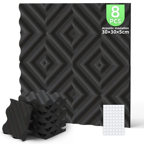 Foneso Espuma Acústica, 30x30x5 cm (Densidad: 25 kg/m³) pared Absorbente de Sonido de alta Densidad 3D, Materiales de Aislamiento Acústico para Salas (Patrón de Ola Negro, 8 Piezas)