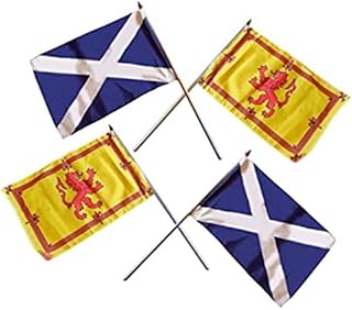 BZB SCOTLAND HAND FLAGS - FOUR MIXED (2 Pairs) of St. ANDREW'S SALTIRE CROSS SCOTTISH LION RAMPANT FLAGS HAND WAVING SCOTTISH FLAGS - each approx: 9" X 6" / 23 x 15cm - on a 12 inch stick