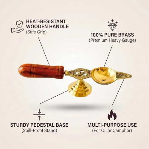 Image of 100% Pure Brass Spoon Aarti Diya with Wooden Handle | Medium Size Pooja Diya | Traditional Oil Lamp for Temple, Prayer & Festivals | Housewarming & Indian Ceremonial Gifting