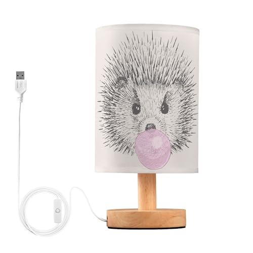 YYZZH Table Lamp Hedgehog Baby Animal Inflates Bubble Gum Print Nightstand Lamp with Wood Base Fabric Lamp Shade Bedside Desk Lamp for Living Room Bedroom Kids Room Office