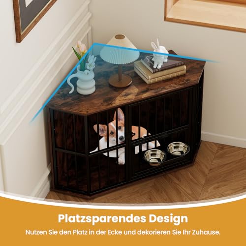 COSTWAY Eck Hundekäfig Möbel, Hundehütte mit verstellbarem Futterspender, 2 Edelstahlnäpfen & abschließbarer Tür, Hundebox aus Holz und Metall, für kleine mittelgroße Hunde, Indoor, Braun