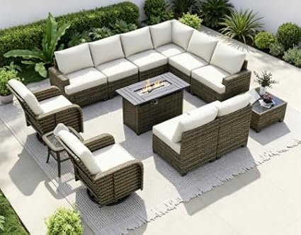 LazySunsets Let's Patio Luxury Patio Furniture Set with Fire Pit Table, 1 Box Outdoor Furniture Set ,Beige