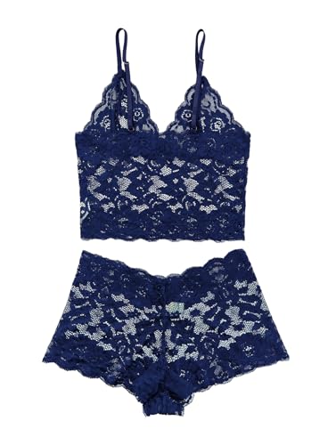 Image of Lilosy Sexy Sheer Floral Lace Pajamas Lingerie Set High Waist Sleepwear Bra and Panty 2 Piece Nightwear