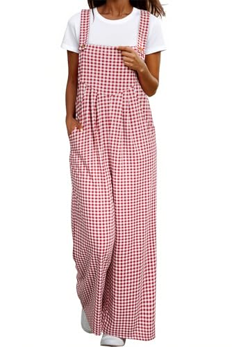 Happy Sailed Checkered Overalls for Women Adjustable Straps Wide Leg
