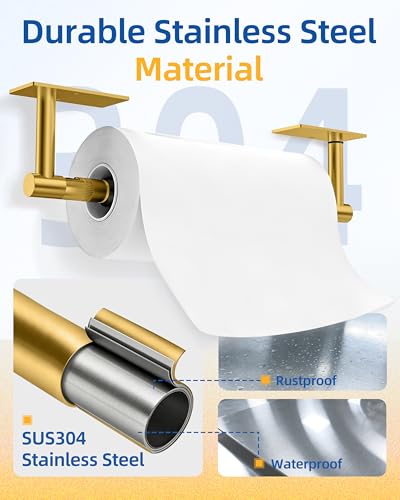 Image of RUACQ Paper Towel Holder Under Cabinet, One Hand Tearing Paper Towel Holder with Damping Effect, Wall Mount & Adhesive Stainless Steel Paper Roll Holder for Kitchen Bathroom (Brushed Gold)