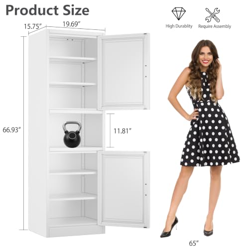 Image of Tall Narrow Pantry Cabinet for Kitchen, 67 inch H Metal Storage Cabinets with Doors and 3 Adjustable Shelves for Dining Room, Living Room and Home Office (20 inches Wide White)