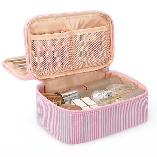 Relavel Cute Makeup Bag for Girls Portable Pink Cosmetic Bag Dual-layer Makeup Pouch with Brush Holder Multi-Functional Preppy Toiletry Organizer for Travel Daily Use - Pink Strip