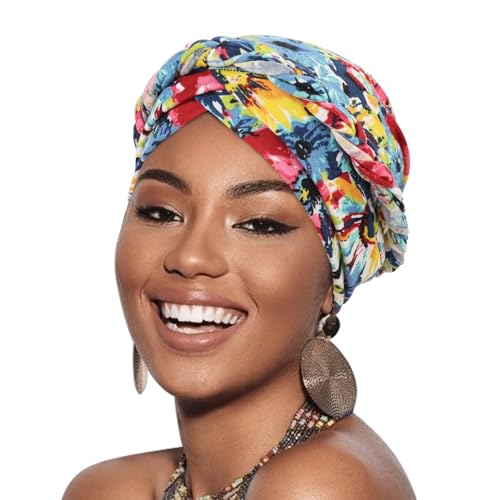 Image of DRESHOW Turban Pre-Tied Twisted Hat Thread African Head Wraps for Black Women Chemo Cancer Cap Braid Hair Cover