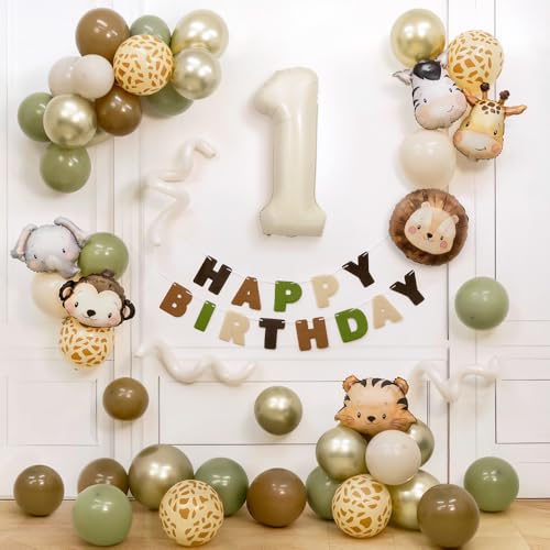Safari Deko 1. Geburtstag Junge Wild One Deko 1. Geburtstag mit 32 Zoll Creme Ballon 1 Geburtstag 1 Geburtstag Junge Deko Geburtstagsdeko 1 Jahr Dschungel Tiere Luftballon Girlande Kit