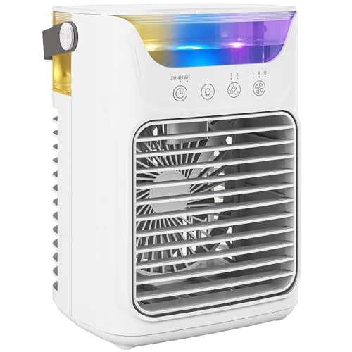 HOMCOM Portable Air Conditioner, 4-in-1 Mini Air Cooler with 3 Wind Speed, 2 Cool Mist, RGB 7 LED Light, 700ml Water Tank, 2-6H Timer, Small Cooling Fan for Home, Office, Bedroom, White