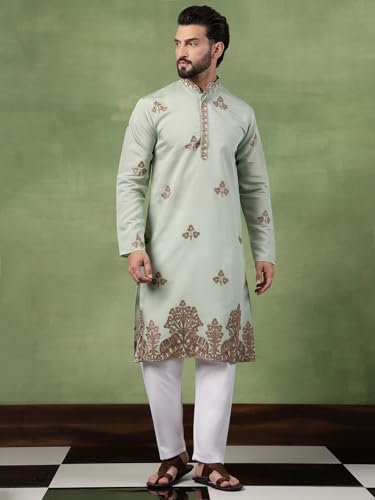 Image of SOJANYA (Since 1958 Men's Cotton Contrast Coffee Thread Embroidered Long Kurta