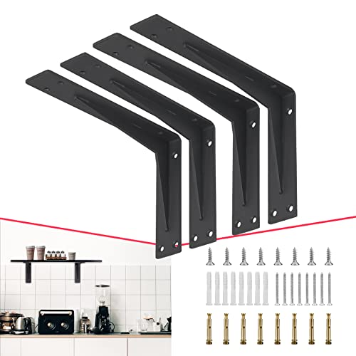 CLT 16” Black Shelf Bracket, 1/5" Thick – Heavy Duty Corner Brace, Supports 440 lbs, Industrial Modern Farmhouse Style – Right Angle Bracket for Tables, Benches, DIY Space-Saving Projects (Pack of 4)