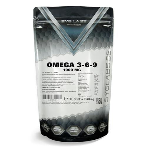 Syglabs Omega 3-6 -9 1000mg hochdosiert - 500 Kapseln - Fischöl,Leinsamenöl und Sonnenblumenöl - hochwertige Omega Fettsäuren