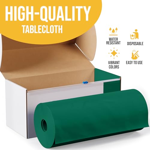 Image of Exquisite Party Solids 54 Inch X 300 Feet Dark Green Plastic Table Cover Roll in A Cut - to - Size Box with Convenient Slide Cutter. Cuts Up to 36 Rectangle 8 Feet Plastic Disposable Tablecloths