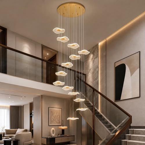Image of ziidoo High Ceiling Chandelier - 12-Light Dimmable Modern Gold Long Spiral Luxury Linear Lotus Leaf Led Lamp Hanging Pendant Lights for Foyer Enterway Staircase Villas