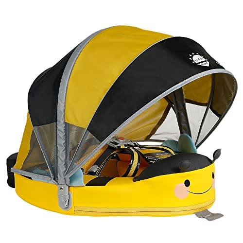 Mambobaby Float Add Tail Newest Baby Swim Float with Canopy Solid Pool Infant Swim Trainer Swimming Training Lying Air Free Water Floats Non-Inflatable Waist Swim Ring for Toddlers (Bee)