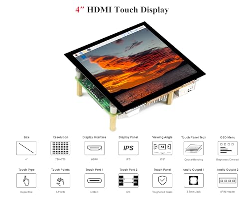 Image of 4inch HDMI LCD Square Capacitive Touch Screen Compatible with Raspberry Pi 5 /4B /3B+ /3B /2B /Zero /Zero W / /Zero 2W /Jetson Nano /Windows 11 /10 /8.1 /8 /7, 720x720 Resolution, IPS Display, USB-C Port