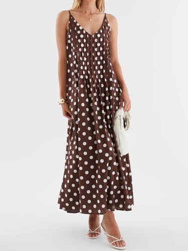 Image of Anoumcy Summer Pleated Maxi Dresses for Women 2026 Spaghetti Strap V Neck Vacation Beach Long Flowy Boho Sundress