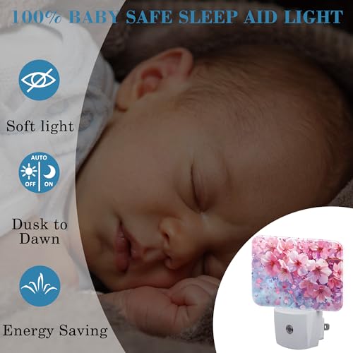 Image of Watercolor Cherry Blossom Night Light Cherry Blossom Nightlight Plug into Wall with Dusk to Dawn Sensor for Kid Girls Boys Women Men Room, Hallway, Kitchen, Bathroom, Stairs Decor