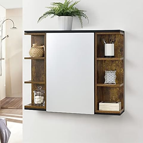 [en.casa] Armario Colgante de Baño con Espejo Auxiliar, Efecto Madera y Negro Cover