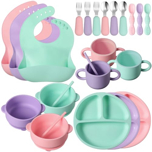 Silicone Baby Feeding Set with Suction Plates, Bib & Utensils (24 pc)