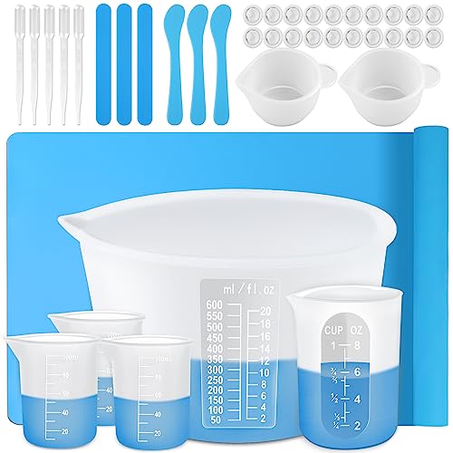 Silicone Resin Measuring Cups Tool Kit-Easy Clean Reusable 600Ml, 250Ml&100Ml Silicone Cups,Transfer Pipettes,Silicone Mat,Stir Stick&Spoon,Finger Cots For Jewelry & Molds Making，Epoxy Resin Mixing #TOP8