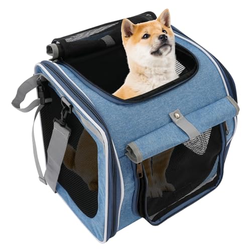 4-In-1 Hundekorb für Fahrrad, Faltbarer Hundefahrradkorb Vorne mit 4-Offenen Türen, 360°-Meshfenster, Roll-Sonnenschutz, Haustier-Reisetasche, Hunderucksack für Katzen & kleine Hunde